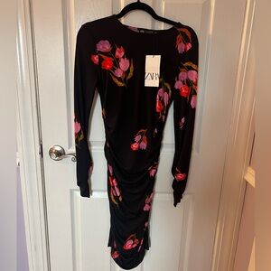 Zara black dress with floral. Brand new with tags